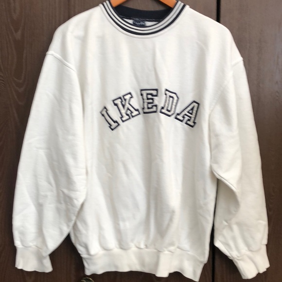 IKEDA Tops - Vintage IKEDA White Crewneck Sweatshirt Navy Embroidery Size S Iconic - #OS014
